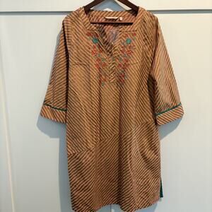 Soft Surroundings Dress Womens Medium Embroidered Boho Tunic India Stripe‎